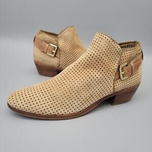 Sam Edelman Sz 8 Bootie Paula Perforated Tan Suede Buckle Detail Slip On Women's